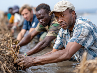 African farmers directing water flow in traditional rice cultivation