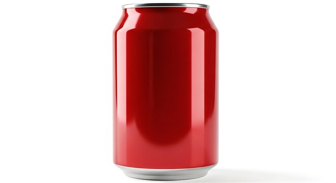 A close-up, high-resolution, studio shot of a sleek, metallic red beverage can on a plain white background, perfect for drink-related designs