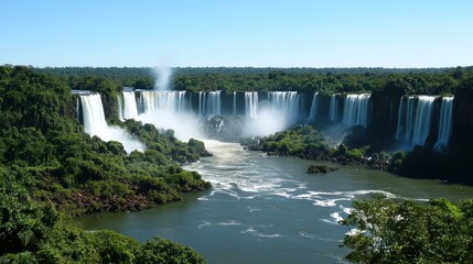 Lush green landscape with towering waterfalls