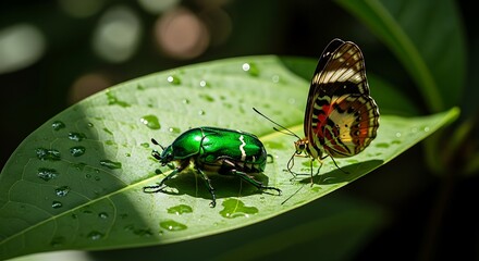 Vibrant Green Beetle and Colorful Butterfly on a Dewy Leaf: Macro Close-up of Iridescent Insects in Lush Tropical Nature with Water Droplets