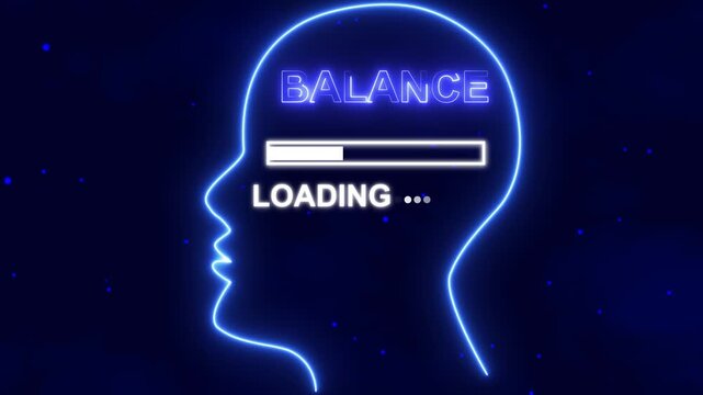 Neon blue human head silhouette with loading bar and balance text icon signifying life balance, Blue neon animation of a human head with updating progress and balance text image with green animation.