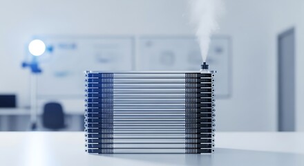 Advanced Fuel Cell Stack Emitting Vapor on White Table in Modern Lab: Sustainable Energy Technology, Hydrogen Power, and Clean Energy Research & Development