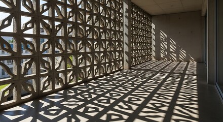 A modern concrete architectural screen with an intricate geometric pattern, casting dramatic abstract shadows on a building's balcony floor, showcasing contemporary design and natural light.