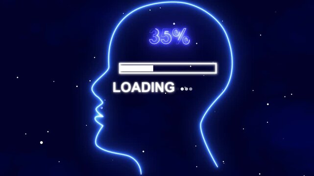Human Head Profile With 26% Mode loading in Mind. Business creativity and Innovation concept.Blue neon animation of a human head with updating progress and balance text image with blue animation.