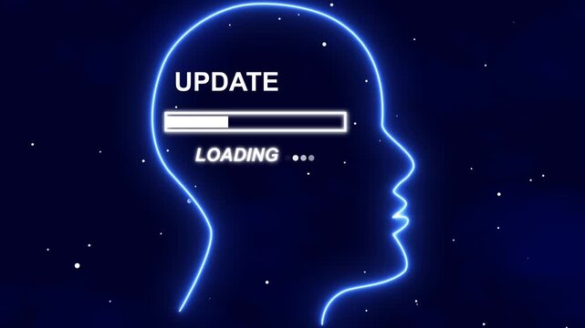 Blue neon outline of a human head with updating progress bar and loading text image,Human Head Profile With update loading in Mind. Business creativity and Innovation concept.