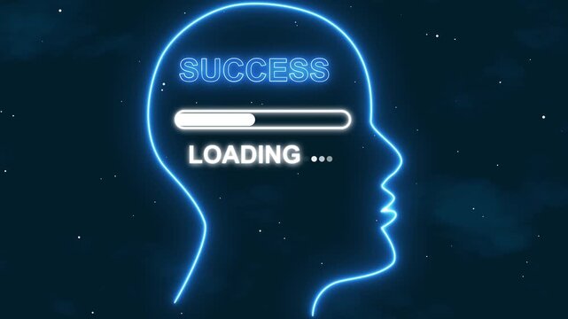 human head profile with the word SUCCESS and a loading bar inside on a dark Blue background with particles. Neon outline of a human head animation. Blue Neon human head silhouette with loading bar.