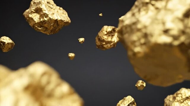 Many gold nuggets floating in darkness. Raw gold ore with shimmering texture. Abstract concept of wealth, investment, and precious metal.
