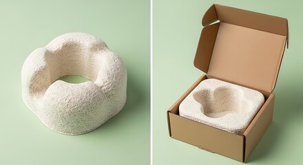 Sustainable Eco-Friendly Molded Pulp Packaging Insert and Cardboard Box for Product Protection and Shipping on Green Background. Biodegradable and Recyclable Material.