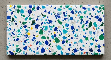 Vibrant Terrazzo Tile Texture with Colorful Blue, Green, Yellow, and Orange Fragments on a Crisp White Background. Modern Decorative Surface for Interior Design and Architecture Projects.