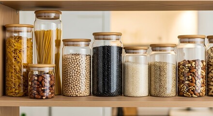 Assortment of Dry Food Staples in Glass Jars with Wooden Lids on a Wooden Shelf, Showcasing Organized Pantry Storage for Healthy Grains, Pasta, Legumes, Nuts, and Seeds