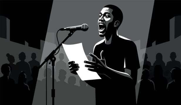 A dramatic illustration depicts a man passionately reciting poetry or performing spoken word on a stage with a microphone