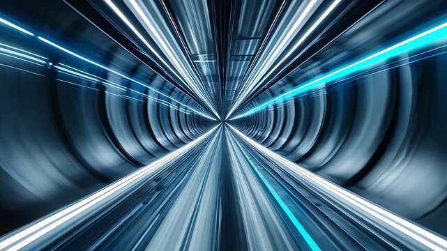 High-speed tunnel passage with radiant blue and white lights, accelerating through a futuristic environment, captured from a forward viewpoint, in a dynamic