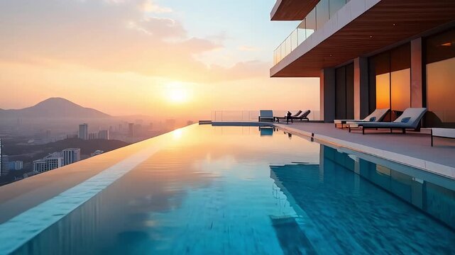Rooftop pool with lounge chairs overlooking cityscape and mountains at sunset with calm water reflection serene atmosphere