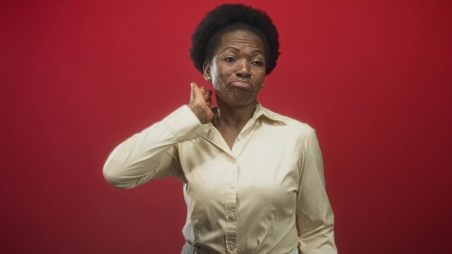 Woman with hand on neck and dab of cream on cheek, wearing beige shirt, standing before a red studio backdrop; wry acceptance.