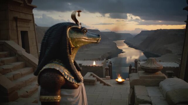 Ancient Egyptian deity Sobek standing on temple balcony overlooking river at sunset. Mythological crocodile-headed figure in traditional attire during golden hour. Panning shot.