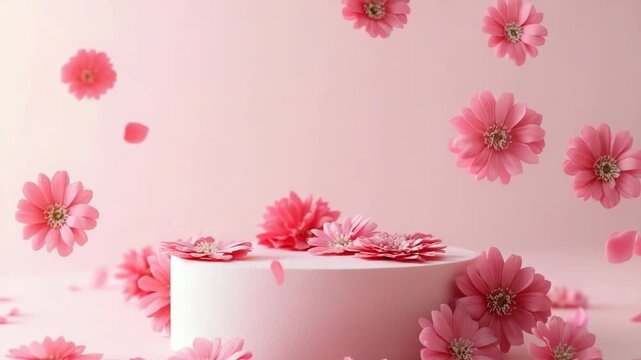 A simple circular podium on a pink background with petals. Perfect for Mother's Day, Women's day, March 8,Easter, anniversary designs. Empty podium for product presentation and demonstration.