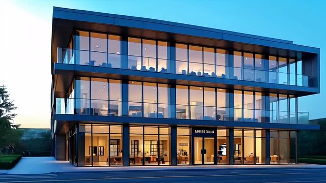 Modern office building exterior at dusk with illuminated interior, showcasing sleek architecture and contemporary design, captured from a street-level
