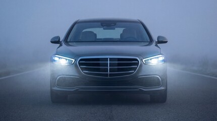 Fototapeta premium Front view of a grey luxury sedan driving on a road in heavy blue fog. Bright LED headlights illuminate the mist, symbolizing safety and modern technology in adverse weather conditions.