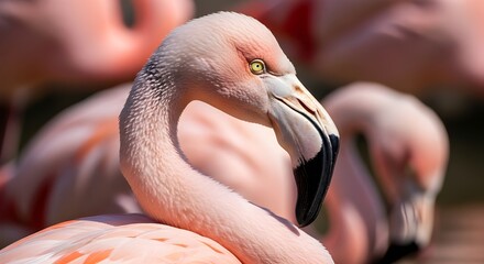 Fototapeta premium Close-up portrait of a pink flamingo with bright green eyes and a black beak, showing delicate feathers and its characteristic curved neck.