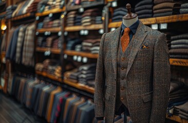 Fototapeta premium Stylish tailored men's suit on a mannequin in a clothing store with stacked clothes