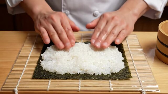 Close-up of hands preparing sushi rice on a nori sheet. Chef spreading sticky white rice on seaweed for traditional Japanese maki roll. Food preparation and culinary skill
