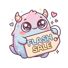 Cute Monster Character Holding Flash Sale Price Tag for Promotion Vector Illustration