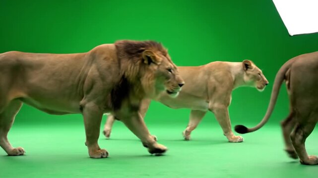Majestic lion pride walks across a vibrant green screen studio floor, ready for digital integration into diverse landscapes