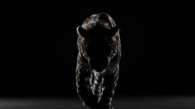 A formidable big cat, shrouded in profound darkness, stealthily advances with an intense, captivating gaze