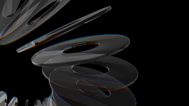 Abstract background black gradient glass effect, 3D holographic glass circle shapes on black background. 4K loop animation