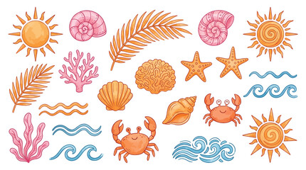 Hand Drawn Summer Vintage Sticker Set Featuring Boho Palm Trees, Sun and Sea, Seashells, Coral, and Crab in Naive Groovy Style for Tropical Surf Club, Vacation Travel, and Vector Print Design © Raxzen