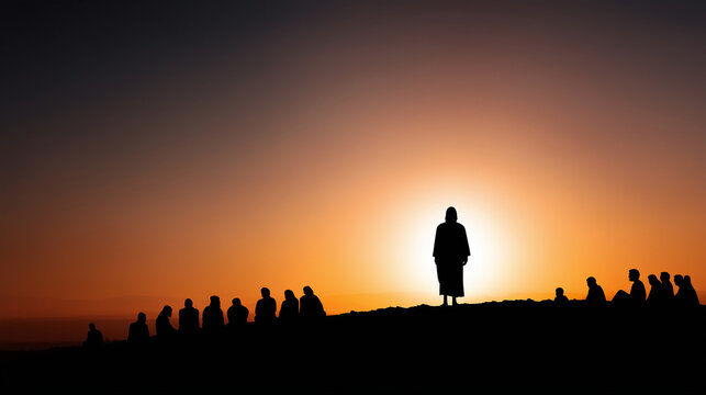 Faceless Jesus standing on a hillside before a seated group of followers, Sermon on the Mount concept, sunset over the Sea of Galilee, peaceful and epic, with copy space