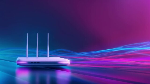modern white router for home Internet and television networks, online communication on a bright neon digital background with a gradient of blue and pink colors and copy space