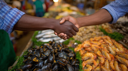 Handshake above a colorful seafood display at a fish market, fresh fish, mussels and shrimp visible, trust and agreement in food trade