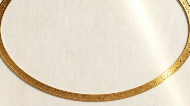 Elegant Golden Border. Ornate oval frame with intricate embossed patterns rotating slowly against a textured cream background. Perfect luxury template for titles, wedding announcements, or premium