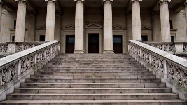 symmetrical front view of a monumental building with double staircases and Corinthian columns representing neoclassical architecture and institutional authority