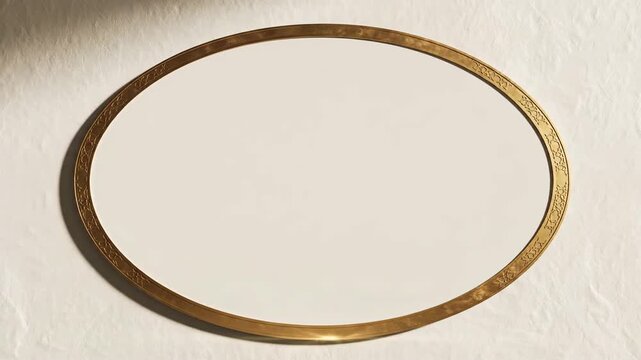 Elegant Golden Glow: Luxurious oval antique brass frame with ornate detailing, illuminated by a bright lens flare against a textured white background, perfect for luxury product reveals or historical