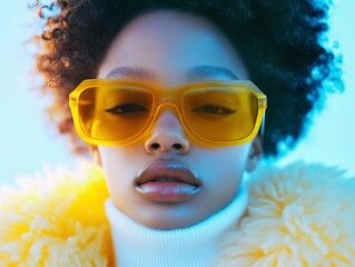 Close-up of a model wearin oversized yellow-tinted snglasses and a white turtlneck under a fluffy coat. igh fashion portrait with old colors and crisp lightng.