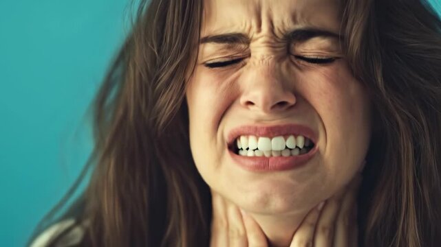 Pain in the throat area, showing signs of tonsillitis or a cold, with discomfort around the thyroid gland