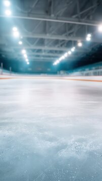 Indoor ice rink with clean ice surface and skate marks, low angle view highlighting arena lights and surrounding boards