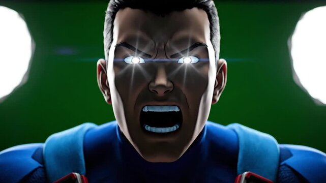 Intense hero roars with radiant energy from glowing eyes, embodying formidable strength and determination