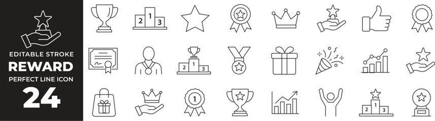 Fototapeta premium Award and Achievement Line Icons Set Featuring Trophy, Medal, Star, Crown, Ribbon, Certificate, Winner Badge and Championship Success Symbols Thin Vector Illustration