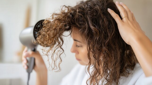 Close-up of naturally curly hair being styled with a diffuser attachment, hand holding the hair dryer, soft light illuminating the curls