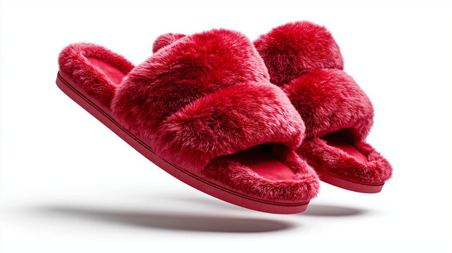 a completely red pair of rounded womens fuzzy slippers, floating in the air, photorealistic, 3/4 view, hyper real, white background,