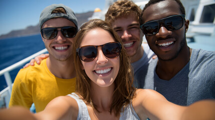 Group selfie on cruise ship with ocean panorama, friends smiling and posing, sunny deck, sea travel adventure, joyous vacation bonding