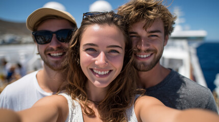 Fototapeta premium Friends enjoying sunny cruise deck selfie, blue sky and ocean horizon, relaxed smiles, laughter and joy, sea travel adventure vibe