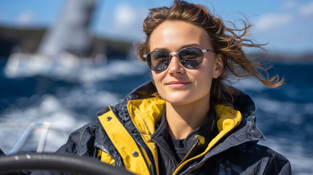 Female sailor confidently steering yacht, yellow jacket, sunglasses on sunny day, wind tousling hair, ocean waves sparkling, adventurous maritime lifestyle