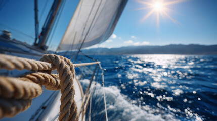 Obraz premium Close-up of sailboat sails and ropes, vibrant sunlight reflecting off water, summer ocean background, freedom and travel on the open sea
