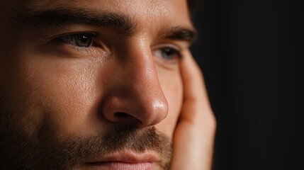 Obraz premium Cinematic close up portrait of a thoughtful man in side light, expressing introspection and calm.