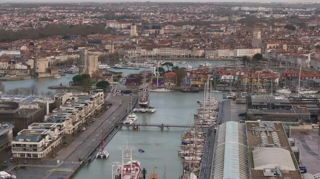 Aerial view of beautiful french harbor, drone video, La Rochelle, France 4K