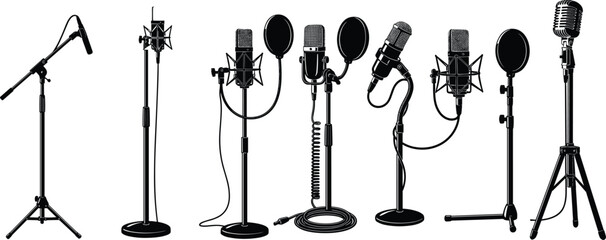 Set of professional studio microphones on stands including condenser and vintage styles isolated on white background for music recording, podcasting, and broadcasting concepts © Arafat